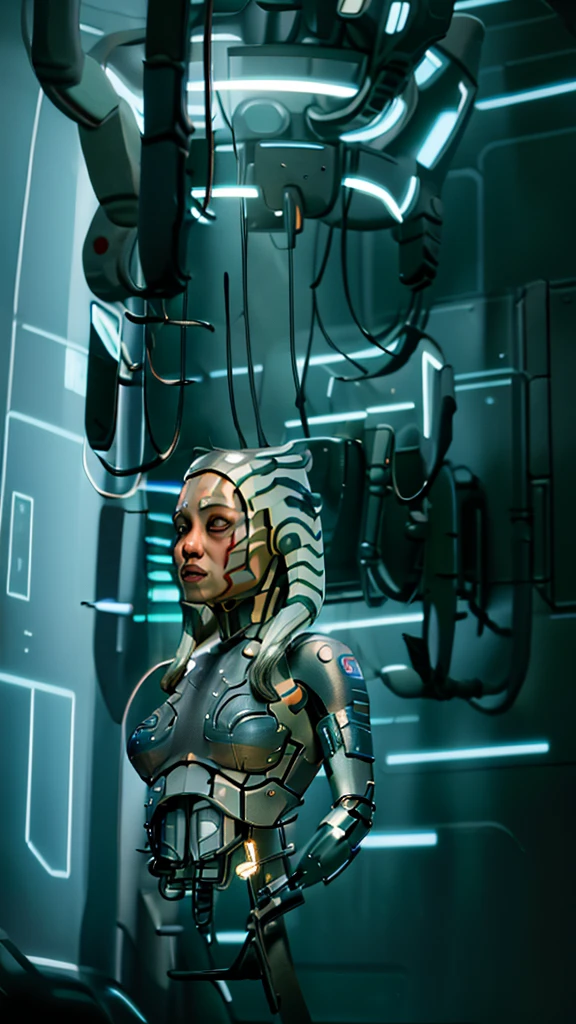 Ahsoka Tano, sleeping, being transformed into a droid, wires hooked on her body and head, blank look, inside a stasis chamber pod, highly detailed, intricate mechanical parts, glowing wires, futuristic technology, cold metallic colors, moody lighting, cinematic composition, photorealistic, 8k, masterpiece