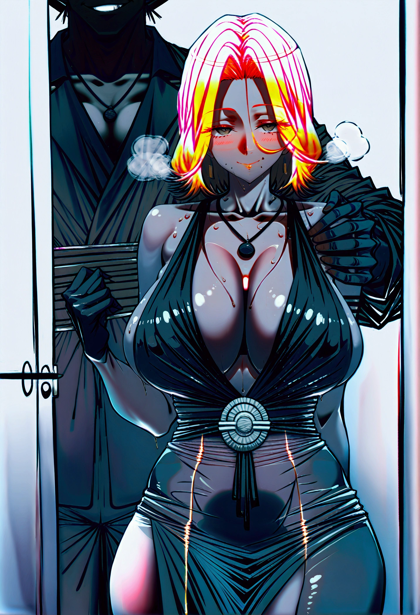 monochrome, greyscale, blood, cable, science fiction, cyberpunk, chromatic aberration, outdoors, detailed background, night, 1girl, beautiful, solo, bare shoulders, sitting on bed, Seductive, nude, red light,