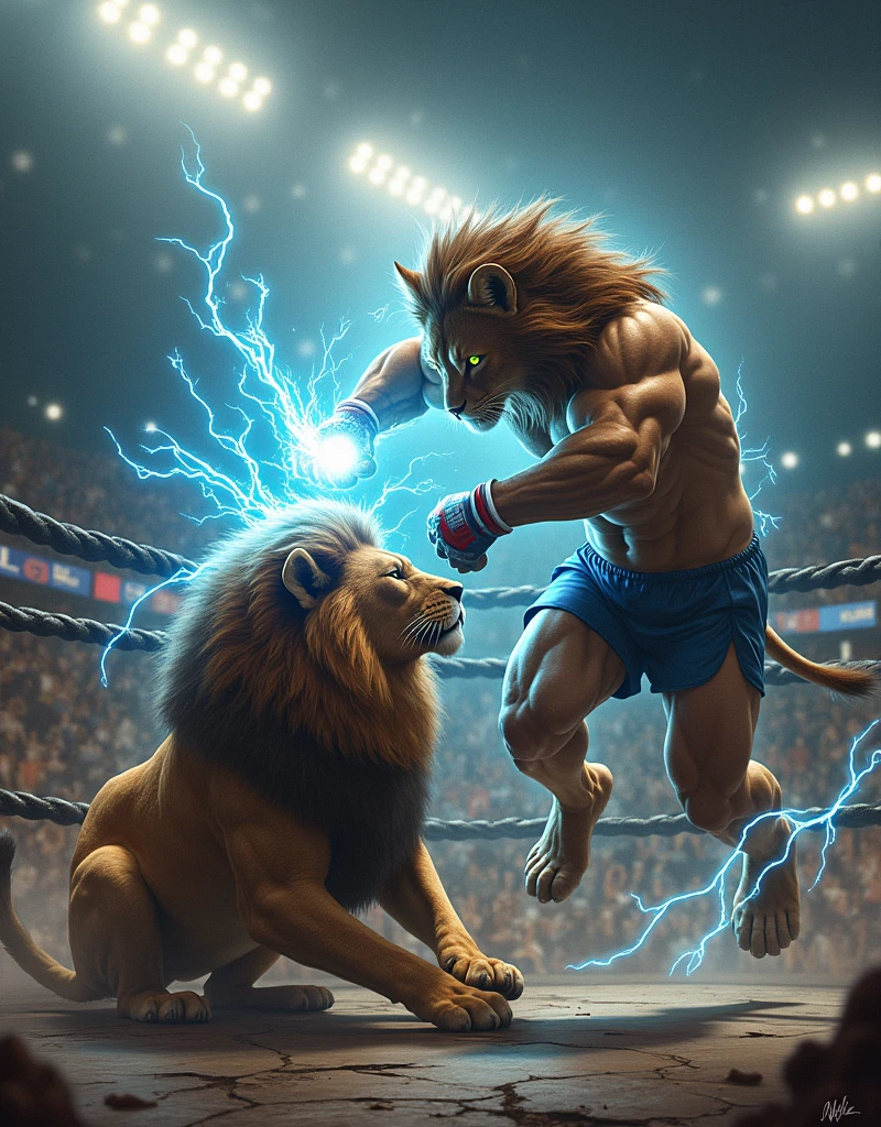 (ultra quality):1.4, color, smooth comics style, (by takemoto arashi, by meesh, by Taran Fiddler), two characters, lion and wolf wrestling, wrestling scene, very muscular, athletic build, correct anatomy, wrestling, sweat:1.5, sweat dripping, strong, masculine, wrestling ring, (blurry background, out-of-focus background:1.4), fighting scene, angry, exhausted, drool, detailed face, detailed eyes, speedos