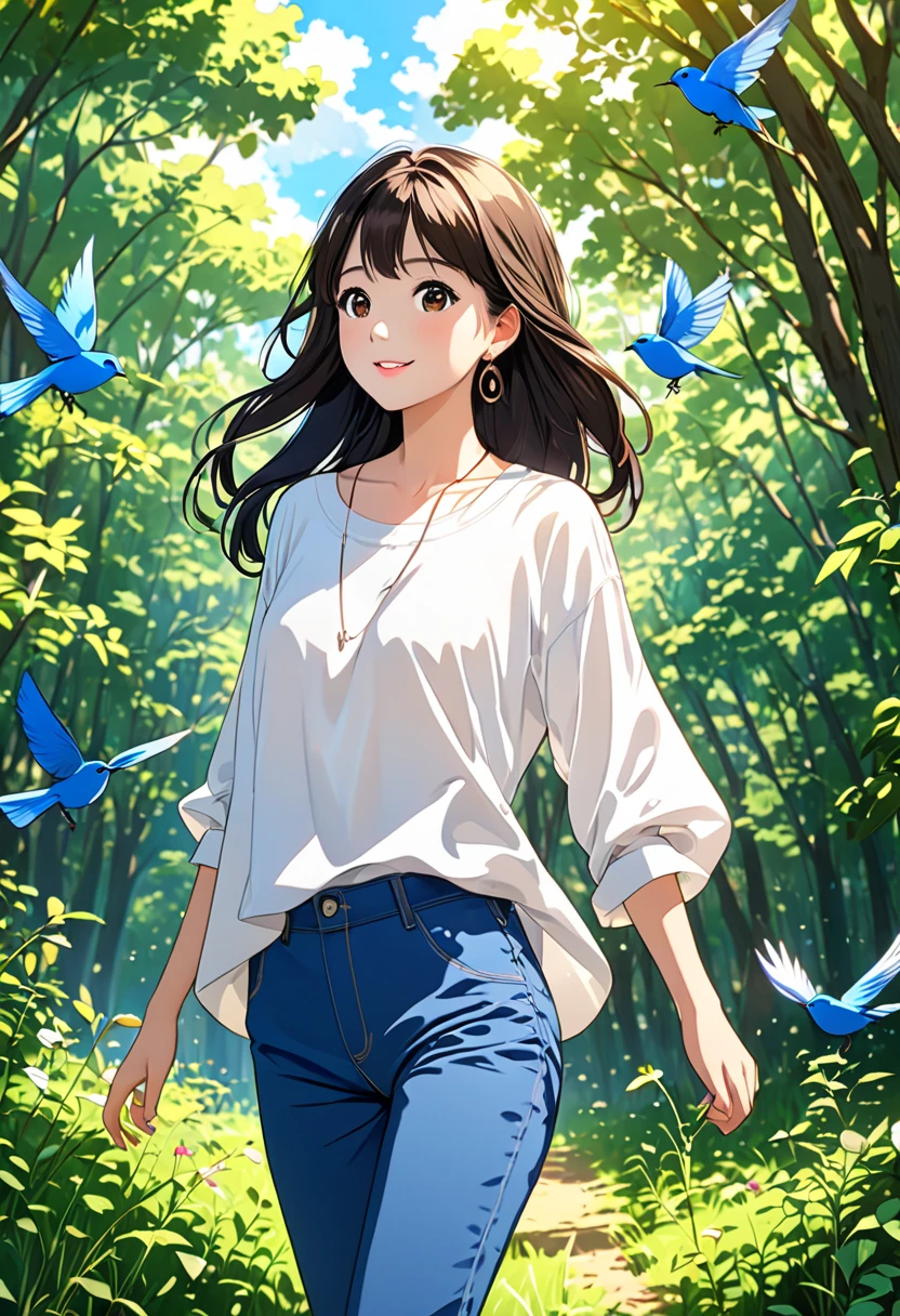 ( top quality, masterpiece,  high definition ,  high image quality, 8k),  young single woman,  most beautiful intelligent face ,  brown black hair semi-long ,  braided loose ,  beautiful brown eyes,  Cute Pink Lips ,  anatomically beautiful body ,  accurate drawing of hands , Long sleeve shirt,  earrings,  Necklaces ,  blue thin pants ,  Black Boots ,  walking through a forest of trees , Fun times,  detailed illustration art animation with afternoon sunlight shining through the shade of trees , Weeds ,  slightly visible blue sky and clouds , blue bird , Enjoying nature,  smiles, Detailed illustration art animation including background, 