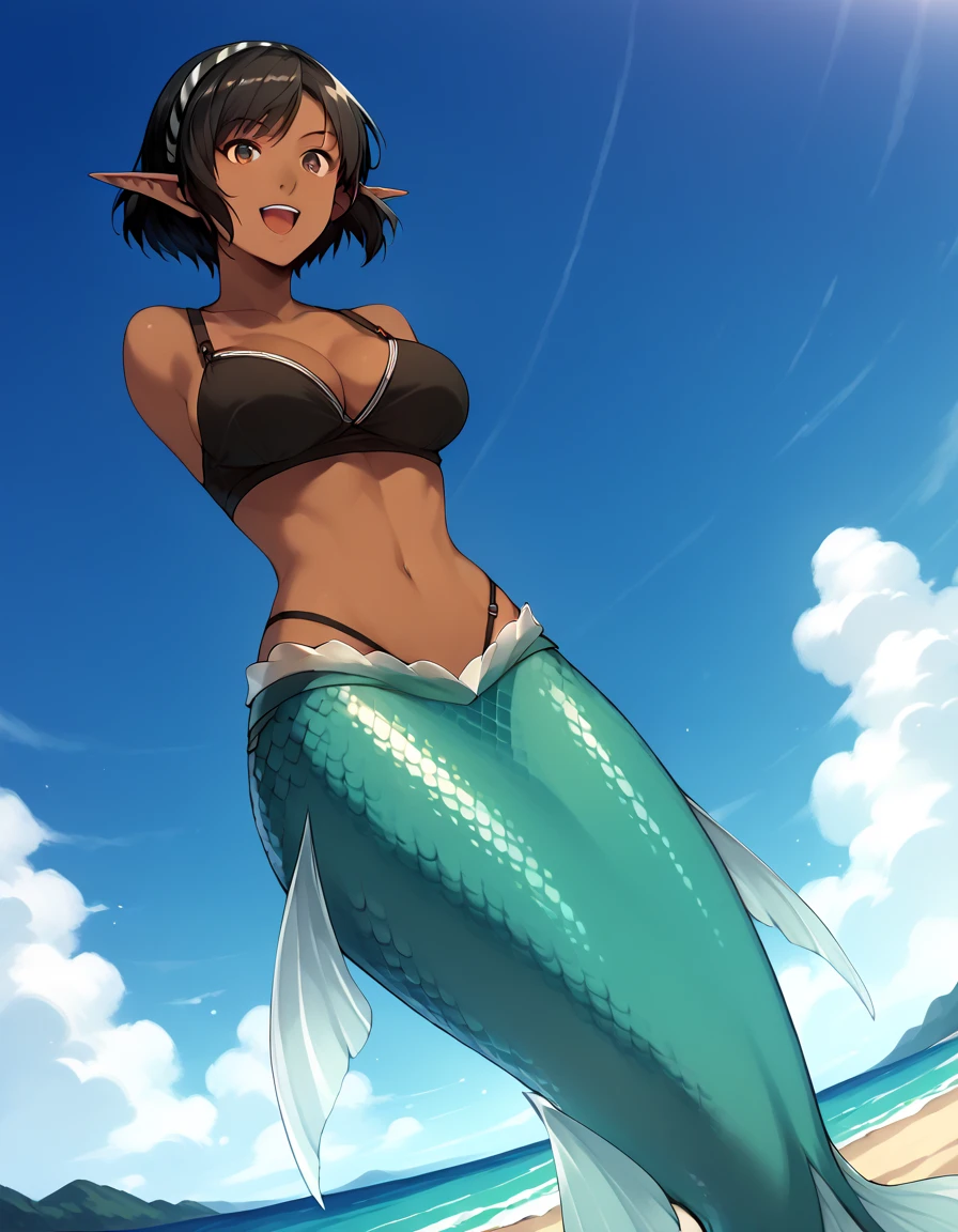 Beach, sit on beach night, animation cel, best quality, 1girl, black skin girl, pretty, short, anime, brown eyes, elf wear bra, happy, headband, hair stripes, large breasts, black hair, elf, short hair, bob hair,  armless, Mermaid, mermaid tail below waistline,