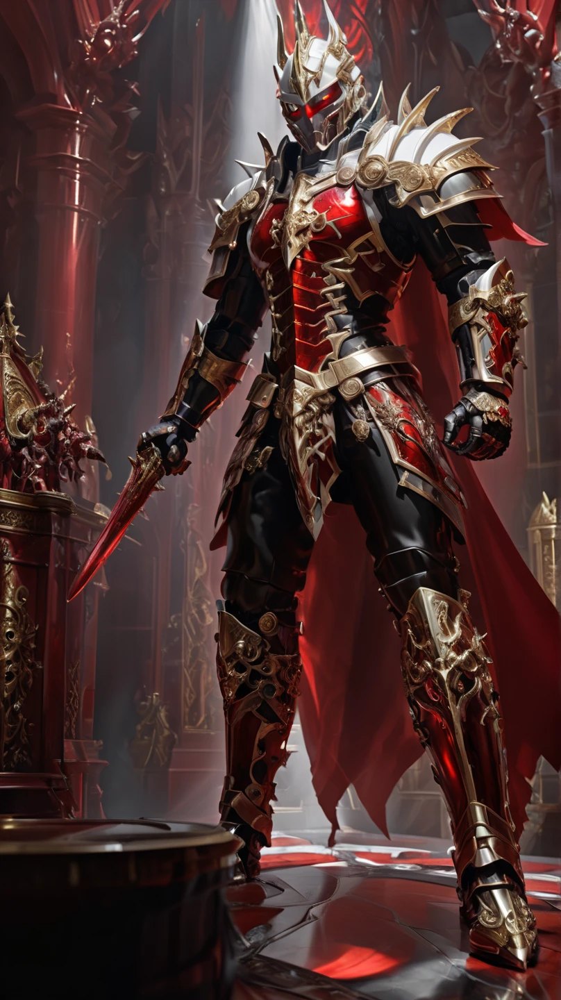  is possessed by a demon, a holy knight commander.A full-body image of an adult male . muscular body .Wear white gold holy knight armor. Eyes Deep Red . standing inside a mysterious black and red church.Bold composition 