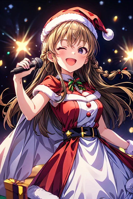  happy girl , Center, happysmile stage 　 bathes in the spotlight 　illumination　　 christmas costume　 skirt　braid hair, long hair　Santa Girl　Red and white dress　 Merry Christmas　 Merry Christmas sign umikousaka Santa hat　Hold the microphone with your right hand　 is singing　 looking at camera　 winks