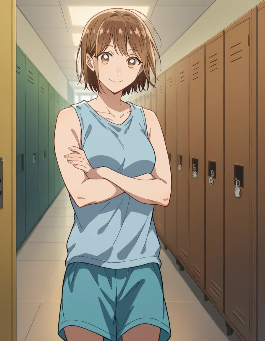 score_9, score_8_up, score_7_up, source_anime, chinatsu kano, short hair, brown hair, brown eyes, medium breasts, school hallway, lockers, between classes, everyday life, crossed arms, solo,, cowboy shot, blue tanktop, blue shorts, smile