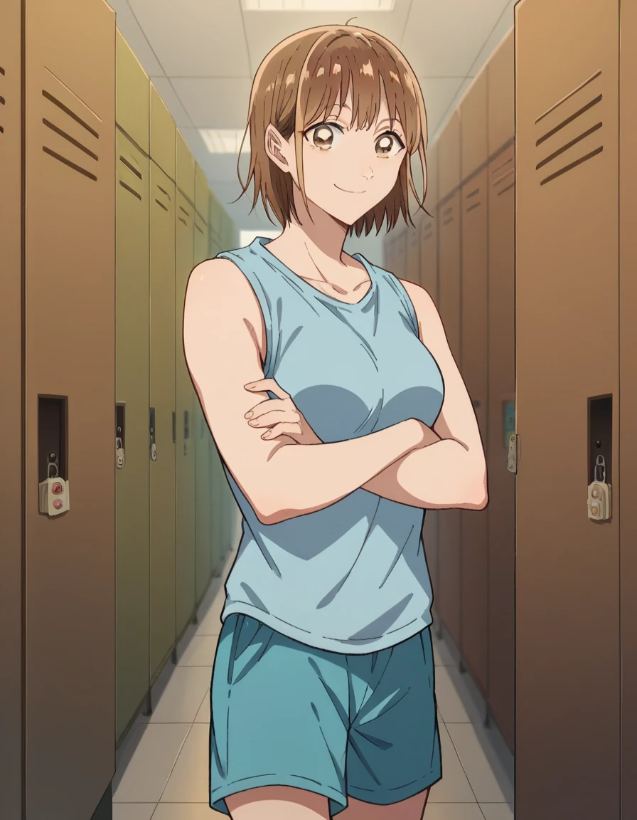 score_9, score_8_up, score_7_up, source_anime, chinatsu kano, short hair, brown hair, brown eyes, medium breasts, school hallway, lockers, between classes, everyday life, crossed arms, solo,, cowboy shot, blue tanktop, blue shorts, smile