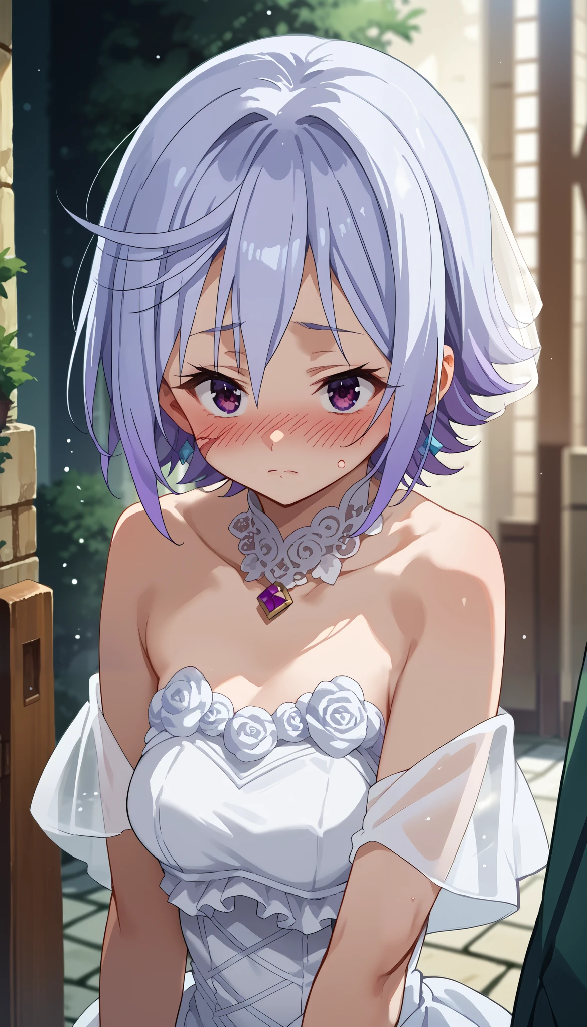 score_9, score_8_up, score_7_up,  source_Anime,
konosubaChris, Chris,  short hair, Gray Hair,  purple eyes,  1 girl ,  purple eyes, Light purple silver hair ,  small wound on cheek ,  medium hair, straight hair,  wedding dress , blush,  smiles, whole body