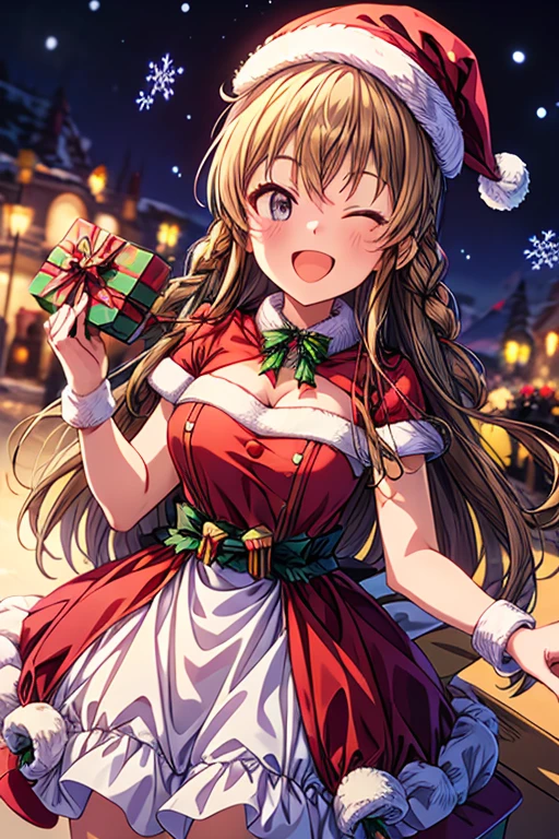  happy girl , Center, happysmile stage 　 Spotlight 　illumination　　 christmas costume　 skirt　braid hair, long hair　Santa Girl　Red and white dress　 Merry Christmas　 Merry Christmas sign umikousaka Santa hat　　 looking at camera　 winks　 a present