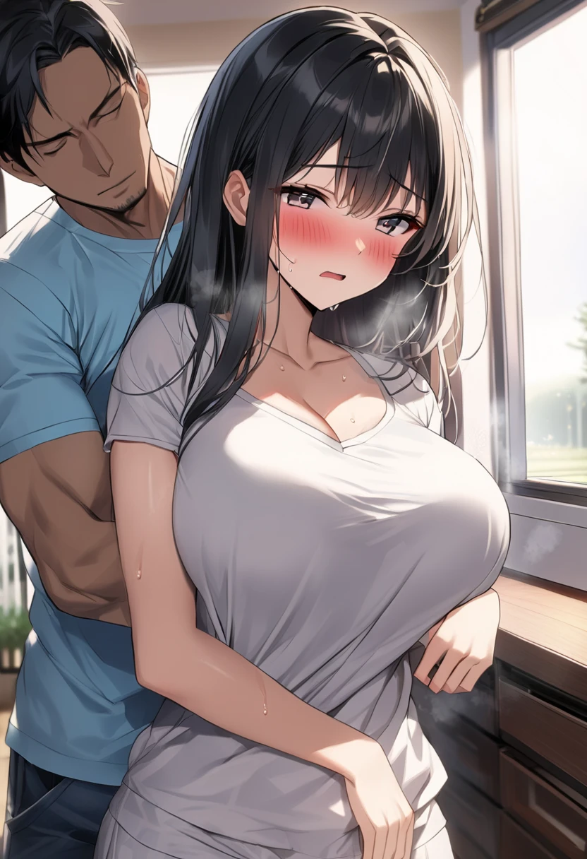 {{male and female couple}}、Stairs in the house、sit on stairs、girl wearing white shirt and tight skirt、The man's icy gaze、boys&#39; 、Put your hands around your waist，Man touching girl&#39;s breasts，Holding big breasts with hands，huge breasts，huge ,masterpiece, best quality, groping, shirt lift, 