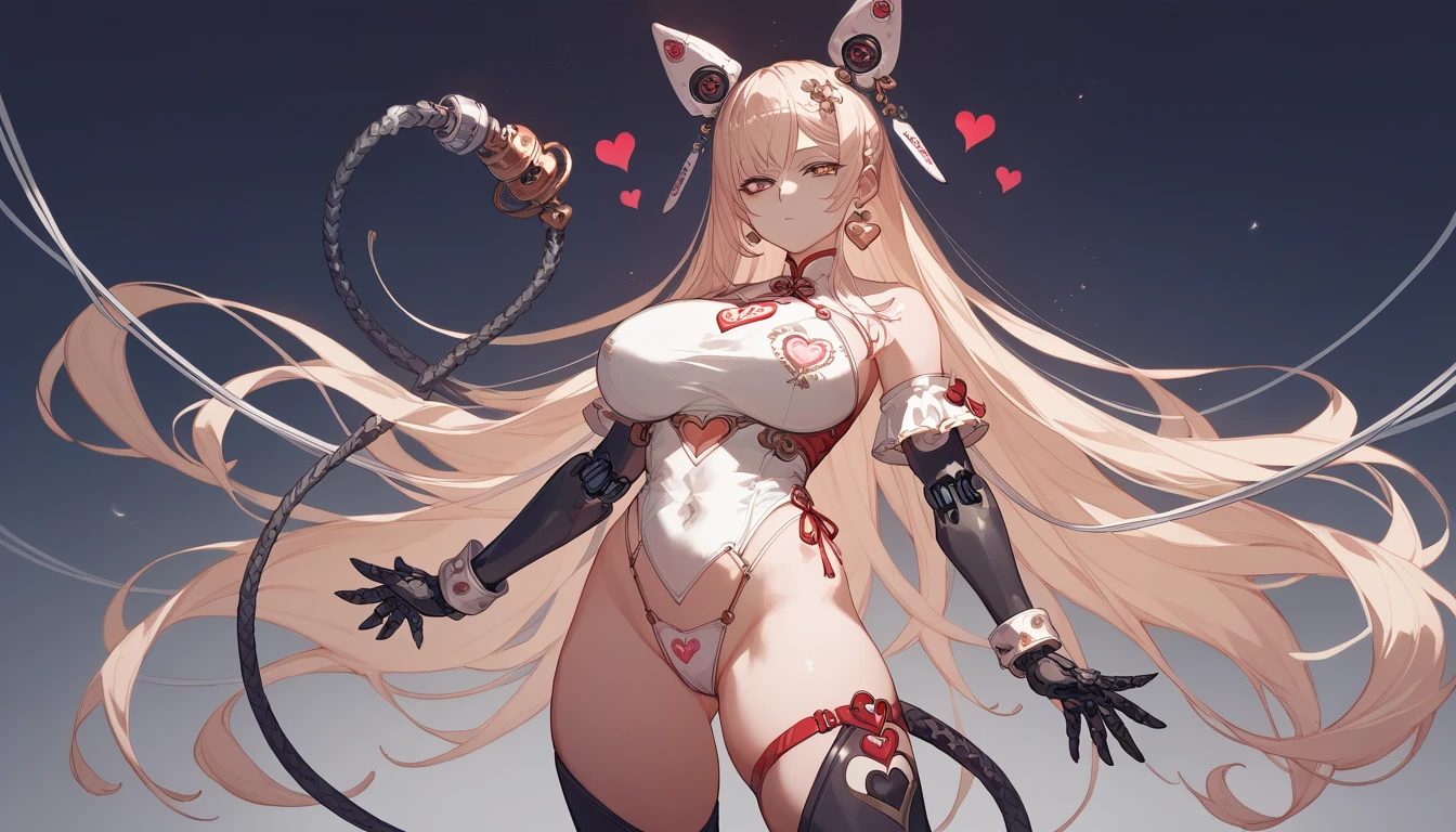 Expressionless eyes,revealing white cheongsam dress、Big Breasts、jaggy hair 、Obscene atmosphere、Many Hearts、show panties,doll body,plug cable tail、
robot ear covers