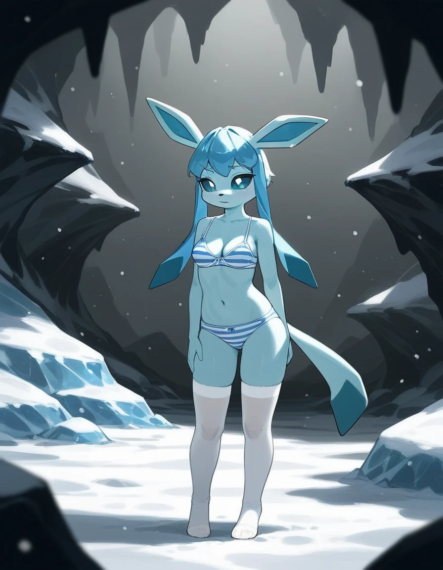alone, score_9,score_8_up,score_7_up, an anthro furry female glaceon girl, blue sclera, white eyes, naked, nipples, vagina, snowing, frozen lake.