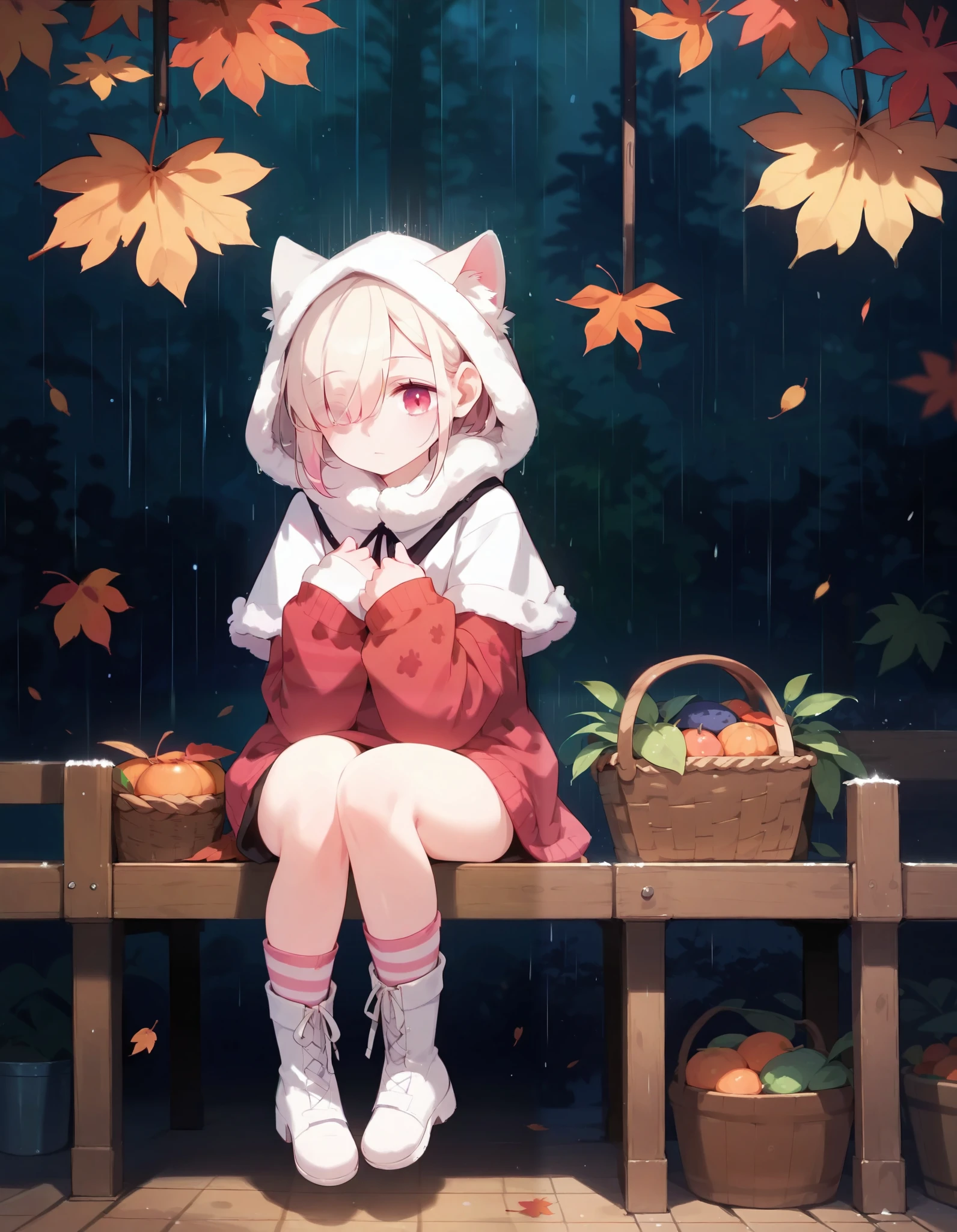 score_9,score_8_up,score_7_up, masterpiece,ultra-detailed CG illustration,top quality, best quality, dark background, 1girl,((hanging legs)),full body,autumn,autumn leaves,rain,fruit,basket,fur capelet,white fur boots,hands on chest,striped legwear,oversized sweater,wooden bucket,wooden table,railing,fur hood up,short hair,flat bangs,long bangs,hair over one eye,sleeves past wrists,paw print,multicolored clothes,multicolored legwear,asymmetrical legwear, blurry_foreground, shoelaces,hood up,sitting,