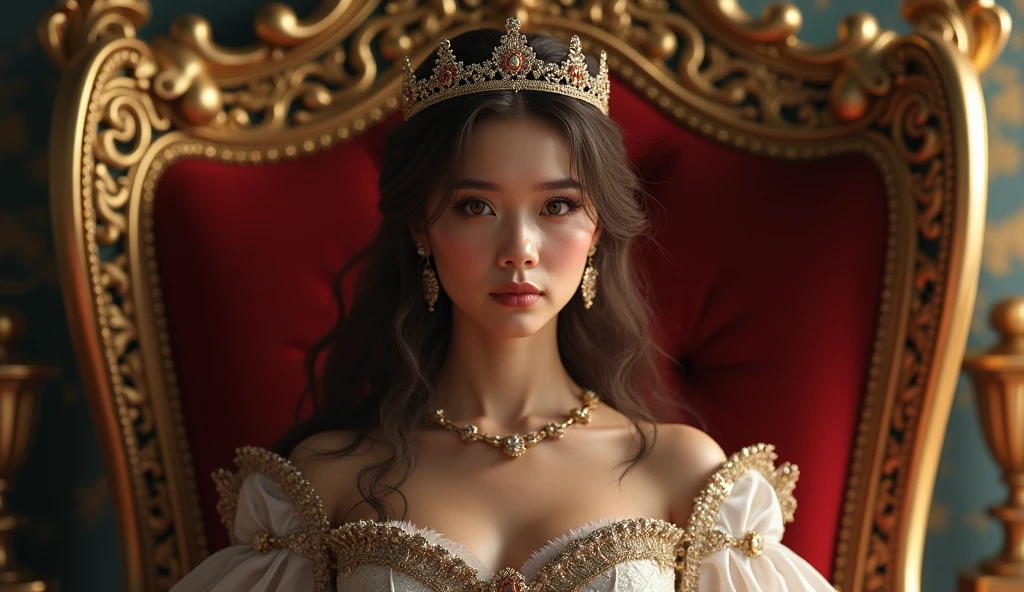 A beautiful queen woman on a golden throne with a crown 