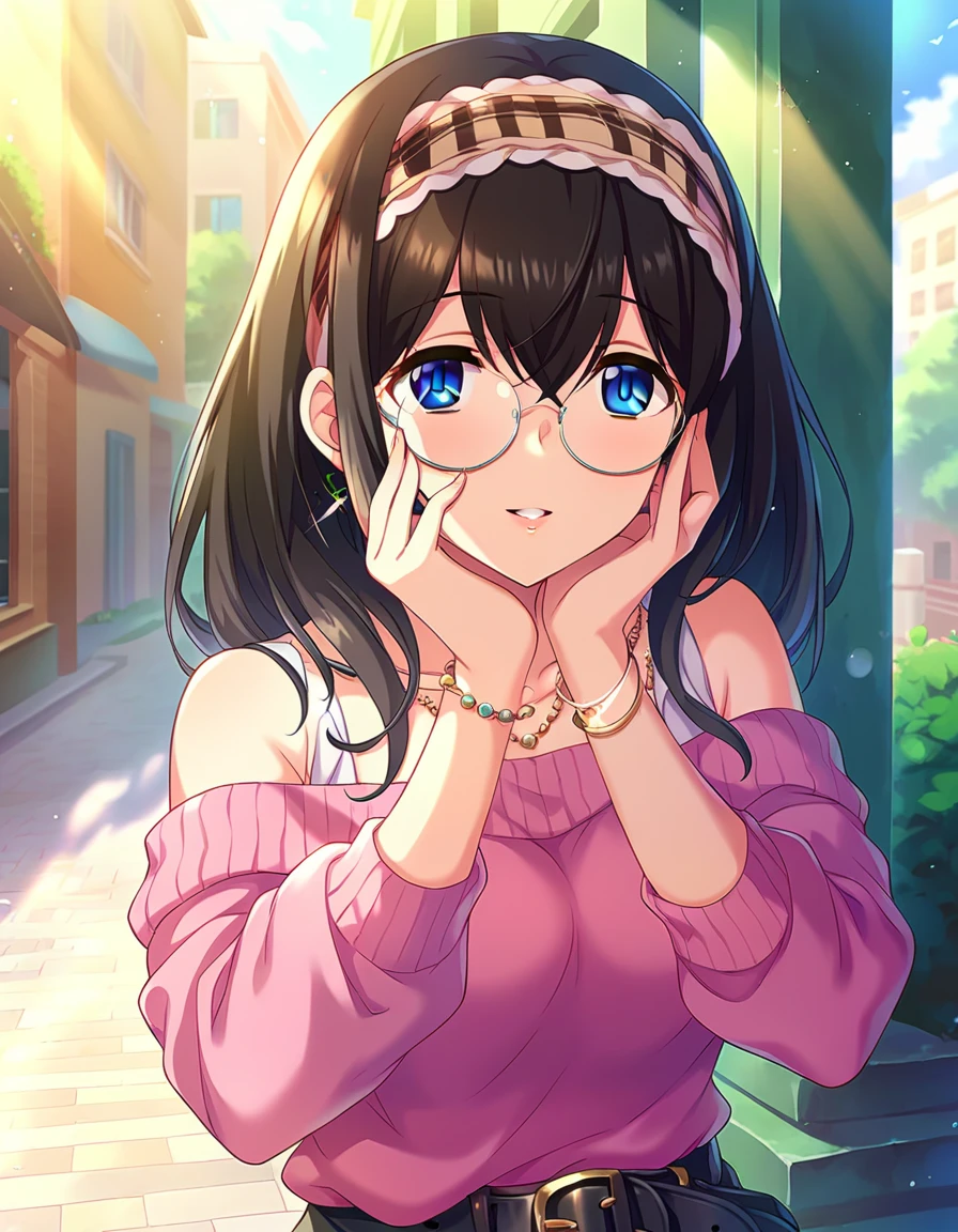 score_9, score_8_up, score_7_up, source_anime,
1girl, cute female, shy, solo, fov, dating, looking at viewer, smile, parted lips, hands on own cheek,  outdoors, street, building, boutique, display window, day, blue sky, sunlight, 
 sgswfmk, long hair, brown hair, black hair, bangs, hair between eyes, blue eyes, large breasts, 
plaid hairband,
lipstic, detailed eyes, eyelashes, eyeliner, jewelry, necklace, bracelet, earrings, 
casual dress, round eyewear, sweater dress, off-shoulder sweater, pink sweater, bare shoulders, off shoulder,  long sleeves, belt,