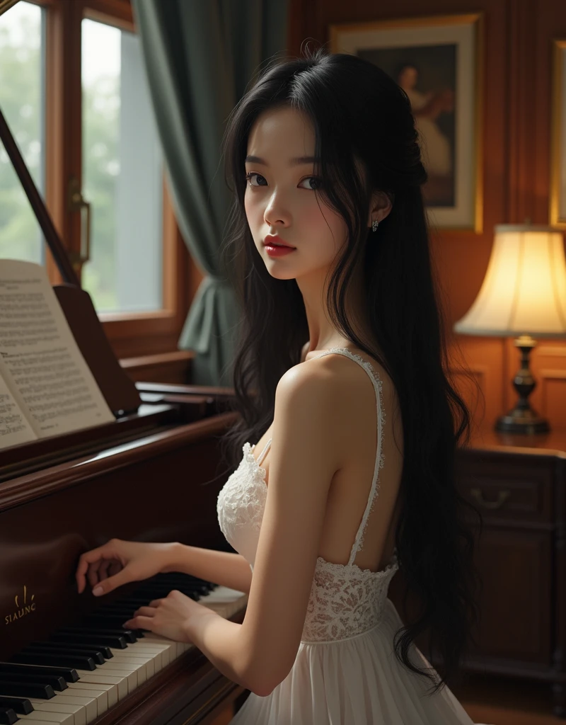 masterpiece、top-quality、(reallistic、Photorealsitic:1.4)、(RAW Photos:1.2)、Highly elaborate CG Unity 8K wallpapers、extremely delicate and beautiful、magnifica、Attention to detail、Official art、absurderes、Incredibly ridiculous、huge filesize、Extremely fine、Very elaborate、Beautiful eyes and face、beautiful elaborate eyes、Light on the Face、1 girl in、length hair、(pom-poms)a navel、fully body photo、sleeveless shirts、Bare wrist、bangss、Schools、Music room、electronic organ、