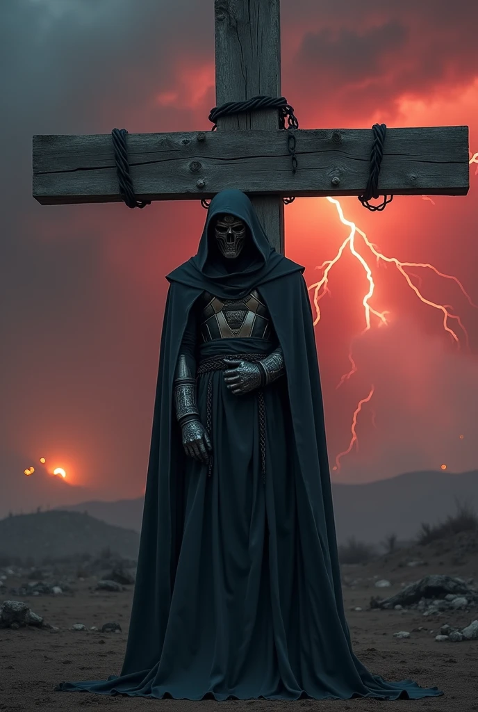 (medium full shot) of (medium full shot ) of ghostly figure holding a weapon, detailed face, located in a horrifying scene at a abandoned cliff during night with thunderstorm weather, illuminated by flashlight beam, creating a ominous atmosphere, ,Masterpiece,best quality, photo, realistic, very aesthetic