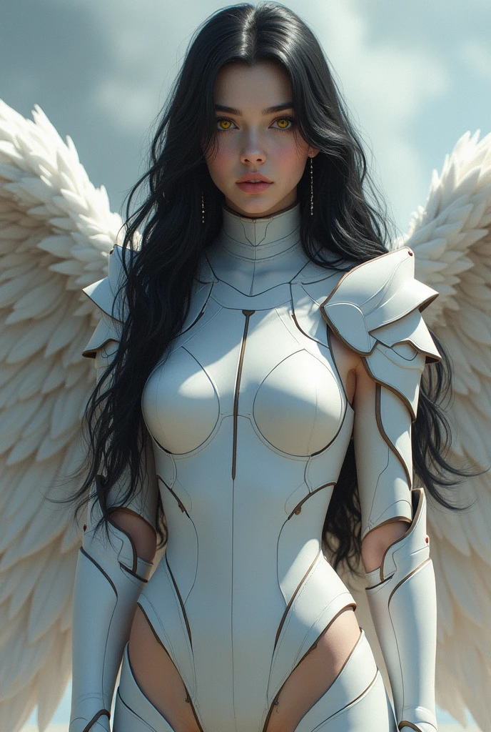 fallen angel colombian woman, light skin, green eyes, short shoulder-length black hair, wearing a white dress and a leather black jacket
