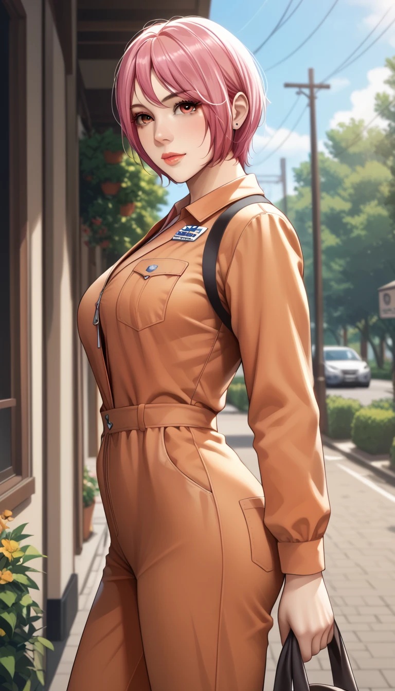 (masterpiece, best_quality:1.2), 1girl, solo, mature female, pink hair, short hair, (female rescue worker:1.5, orange jumpsuit), beautiful eyes, female focus, slim body, curvy, looking at viewer, ((side view)) ((close up shot)) ((solo)) detailed, very high resolution, no blurry image, (cowboy shot), standing, beautiful, elegant, serene expression, intricate details, (It's leaning against a fire engine), outdoors