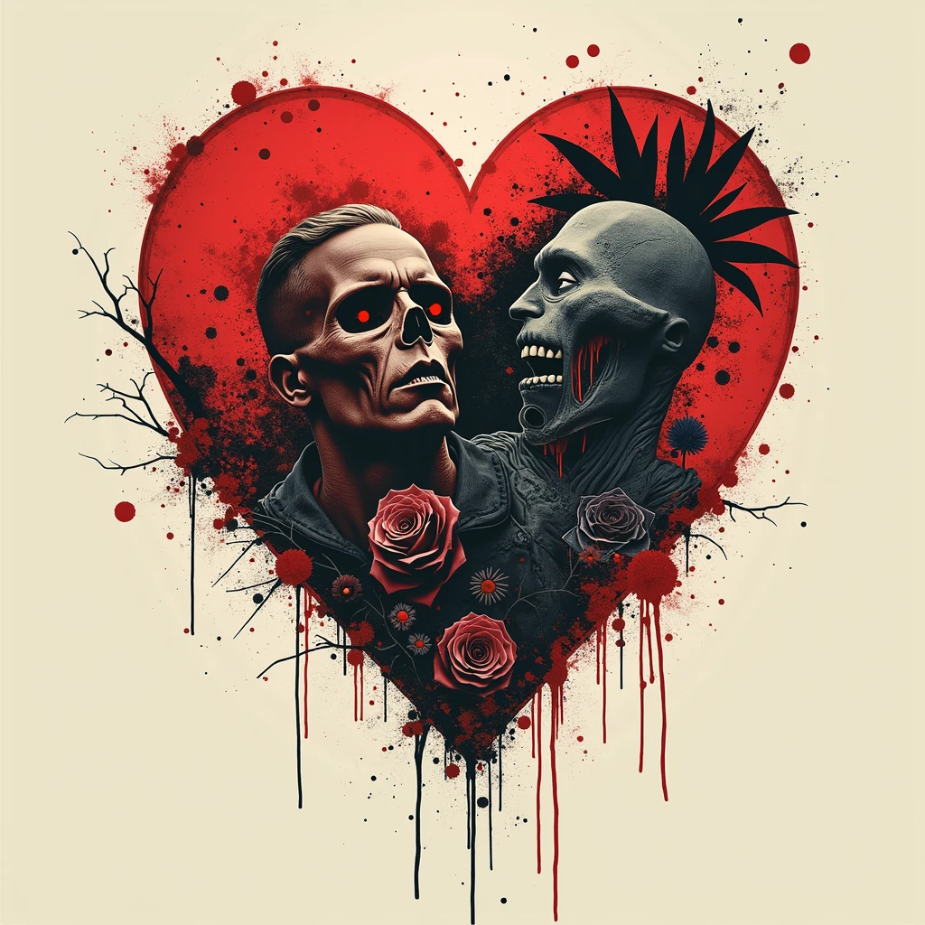 gothic image of a skull surrounded by stylized hearts. Very dark and creepy vibes. Black background.
