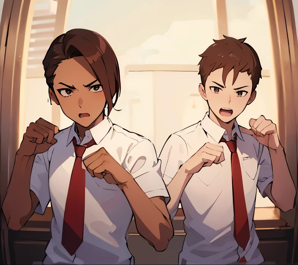 2 Anime boy brown hair, wearing white shirt, red tie, black pants, school boy, 2boy, ready for fighting, fighting 