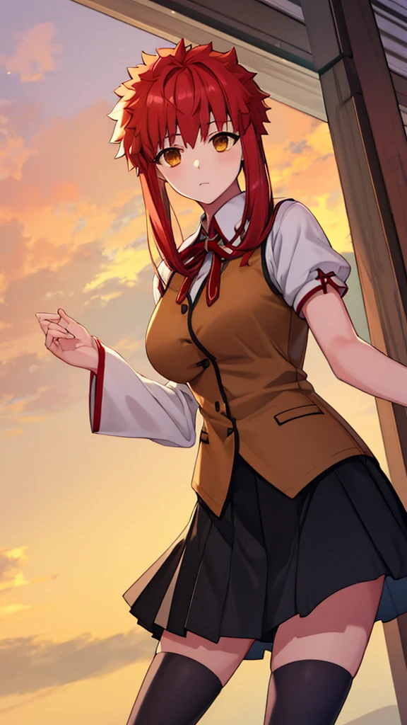 masterpiece, best quality, highres, girl, solo, looking at viewer, Shirou Emiya, Red hair, Brown Eyes, large breasts, HomuraharaFemale, collared shirt, brown vest, long sleeves, black skirt, puffy short sleeves,,