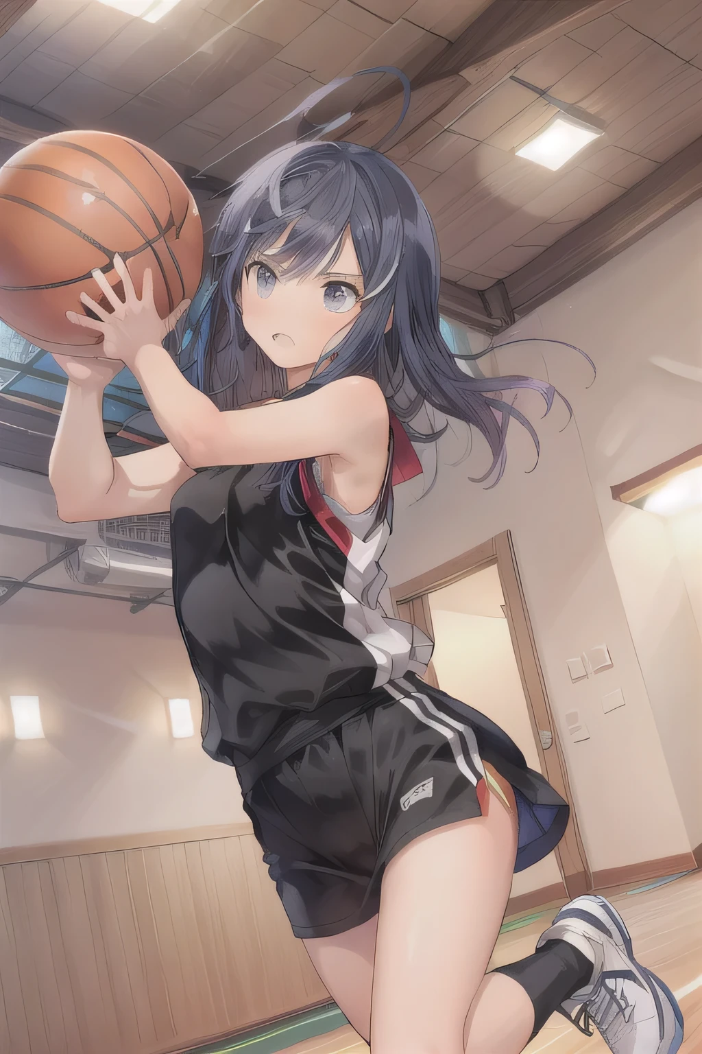 A young female basketball player performing a vivid jump shot. She holds the ball firmly in both hands, aiming for the goal with perfect form. Her slim basketball uniform accentuates her toned body, and black high socks add a stylish contrast. Her carefully braided black hair sways gently as she jumps, with black eyes expressing intense concentration. The polished wooden floor of the brightly lit gymnasium enhances the atmosphere, capturing the strength, elegance, and beauty of the sport. masterpiece. long hair.