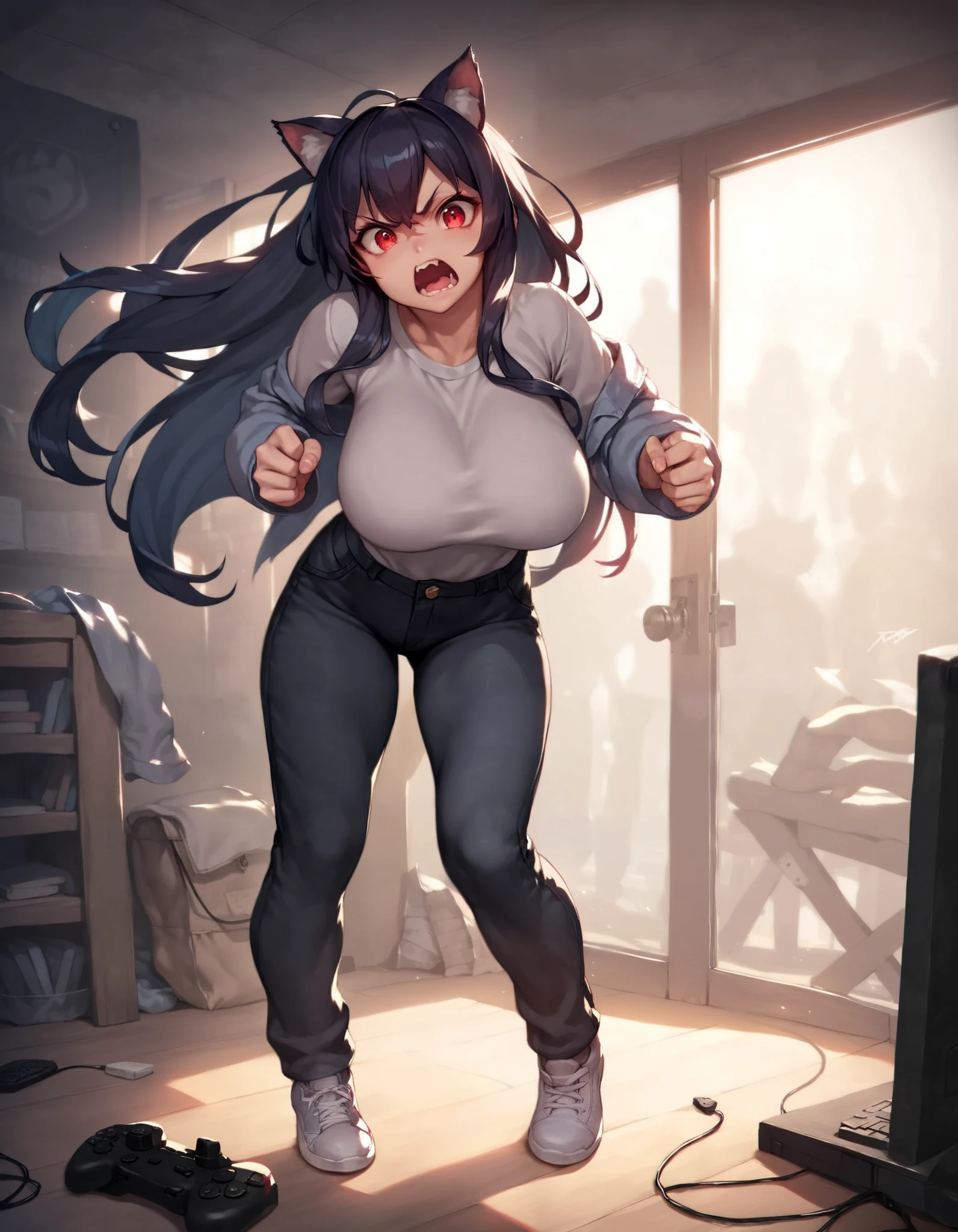 masterpiece, necessary,  pants The best quality ,  tall details,  looking at the viewer  ,  a mature woman with big breasts and a pronounced neckline junkotvvxl, black long hair,  straight bangs, cat ears, red eyes, rage
open_mouth
shouting, ( full body ),( background a gamer room with a PC and a joystick , dynamic lighting)