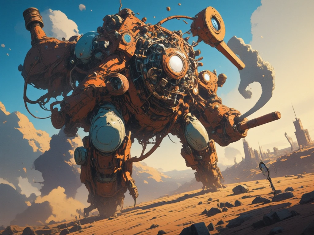 gigantic Steampunk mecha\(retro mecha, realistic, dynamic background, focus on robot, blurry background,dynamic angle,shot from below,impressive,Substantial,Imposing,Solid,overwhelming presence\) is fighting against big kaiju.dynamic action scene.  (steampunk landscape, ground level shot). sci-fi,science fiction.(highly detailed, the wallpaper, golden ratio, high saturation realism, vibrant colors, dramatic lighting, persuasive storytelling, atmospheric scenery, captivating visuals, intricate details, strong emotions, dreamlike world).great landscape.screen shot of game,clckwrk,steam,mood of old comics