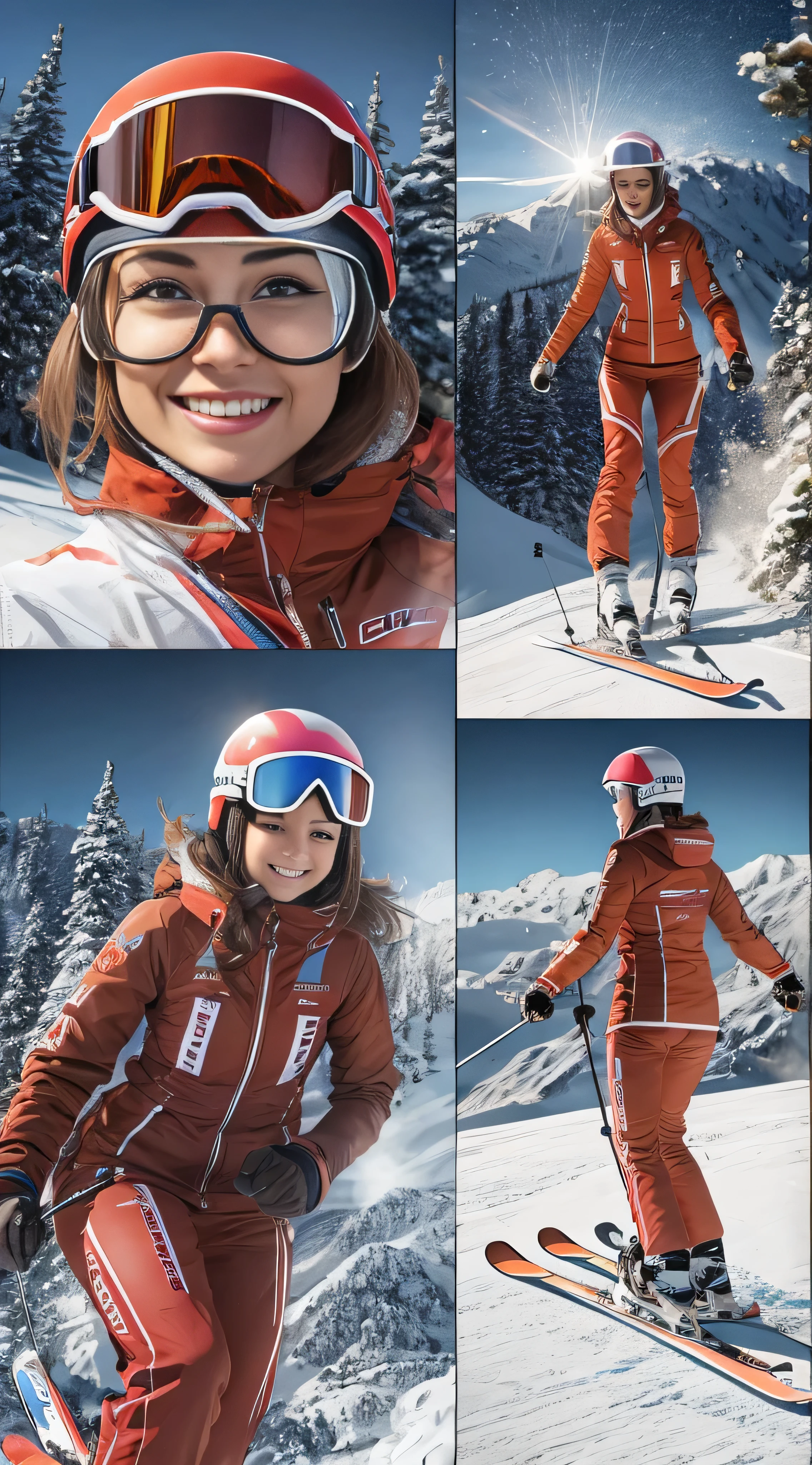 With high definition images， 3D it's a beautiful girl skiing on a 3D ski , (((Alone))),  racing scene at a ski competition ,  is skating in a forward leaning position in a gliding competition,red ski wear women, (((Portrait Realism))), (American Girl) ((( brown hair ))), In a slightly distant image 。