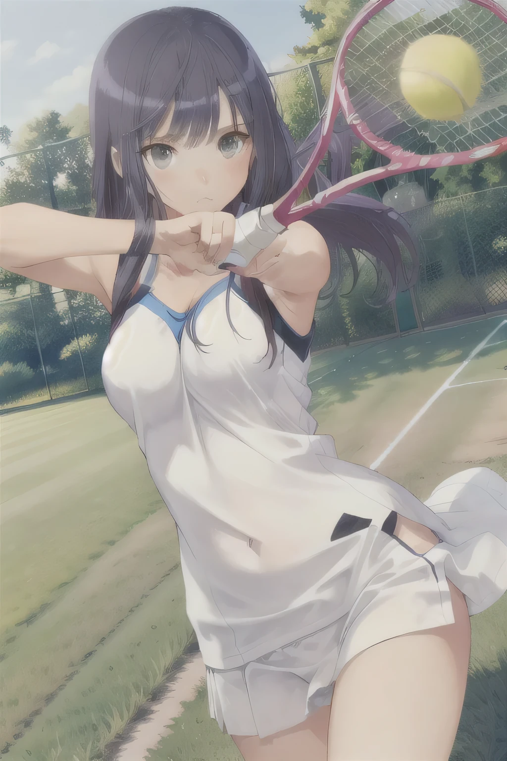 She is wearing a blue tennis outfit, with her white undergarments visible. She holds a single tennis racket with both hands in a poised and focused manner. The lush green grass tennis court stretches out in the background. This scene radiates elegance, power, and athletic skill. masterpiece. long hair.