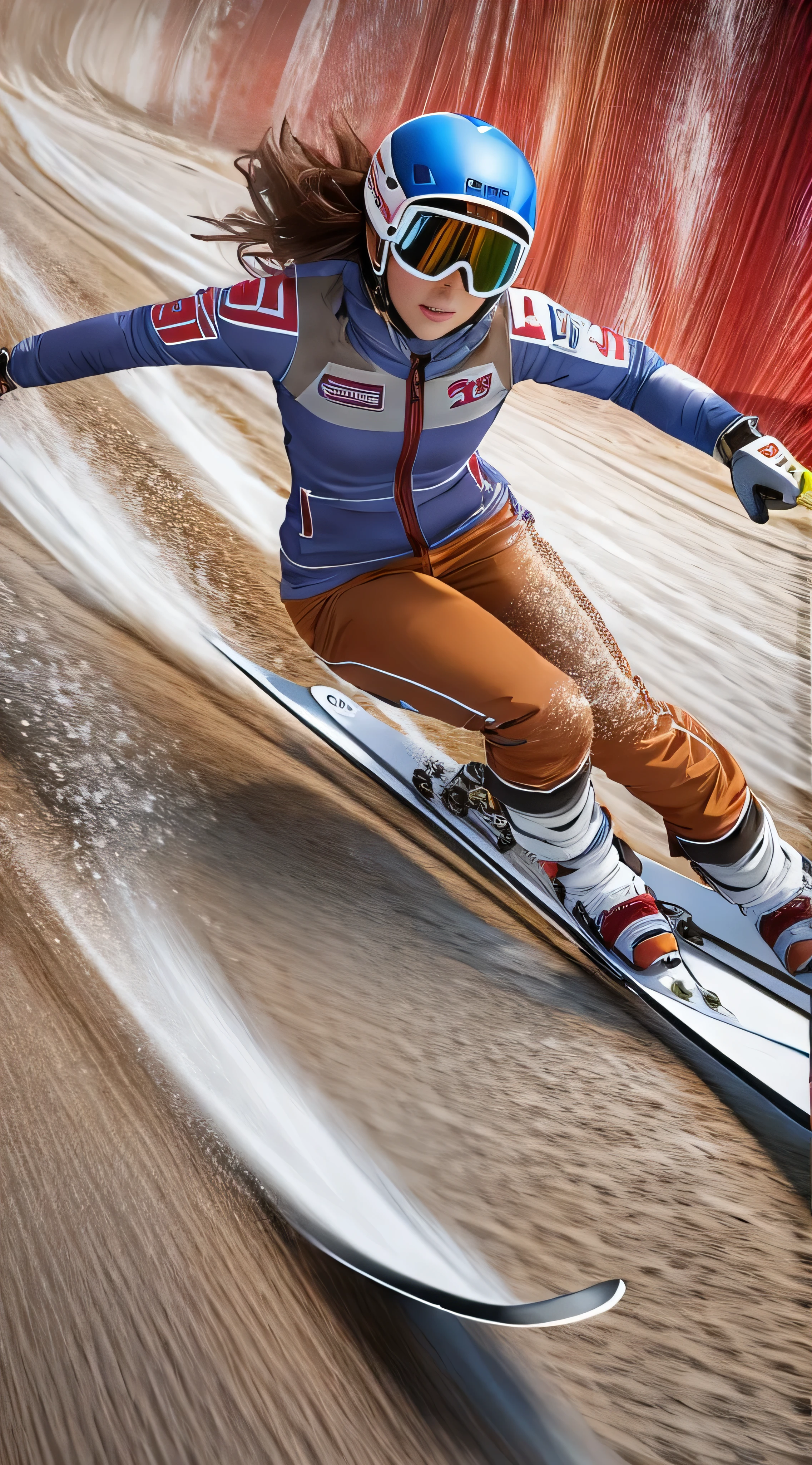 With high definition images， 3D it's a beautiful girl skiing on a 3D ski , (((Alone))),  racing scene at a ski competition ,  is skating in a forward leaning position in a gliding competition,red ski wear women, (((Portrait Realism))), (American Girl) ((( brown hair ))), In a slightly distant image 。