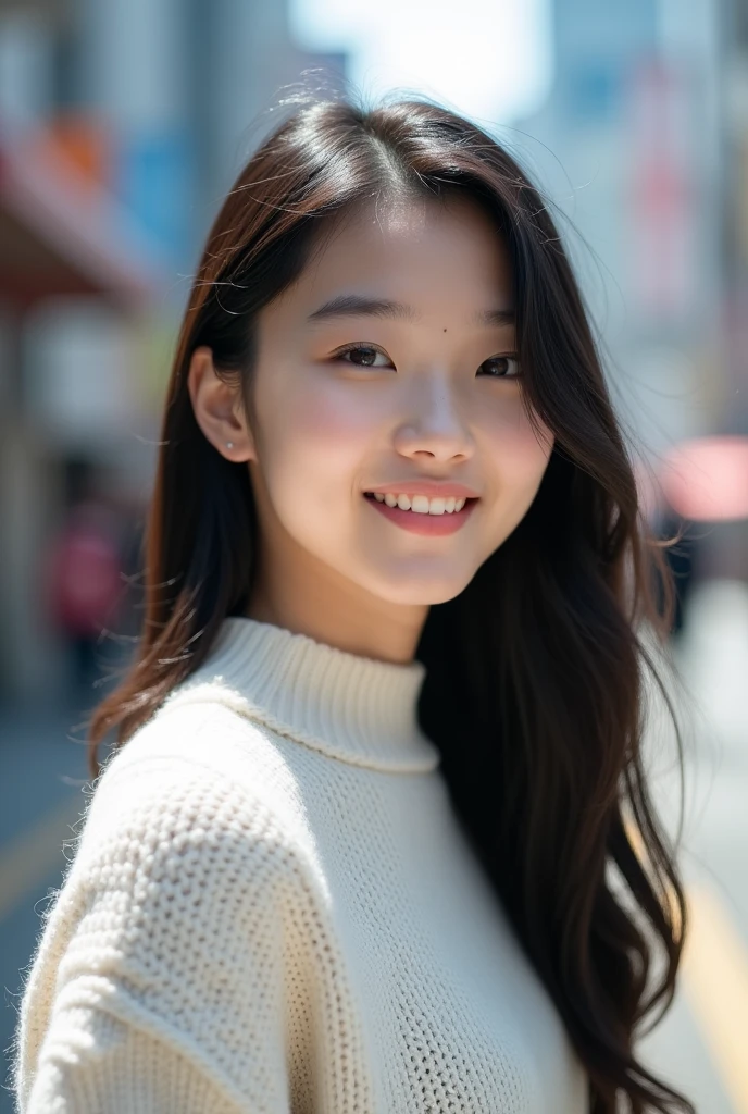 Frontal photography，Front view，Smile，bust，afternoon，in the bedroom，A 20-year-old female，Brown sweater，White shorts，Black hair，Long hair，dark theme，Soft tones，Pastel colors，High contrast，(Natural skin texture，Dim light，High Definition)((Sky background))(Facial highlights))