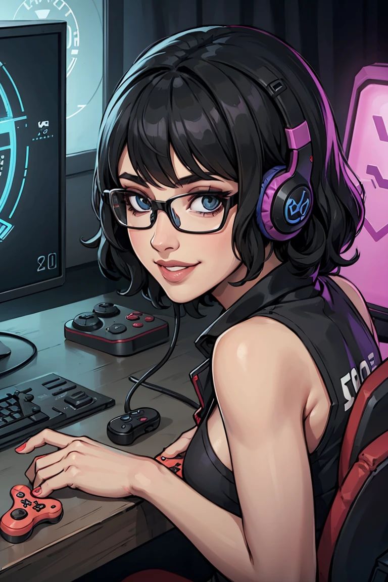 5０Generation of women　Black hair waves　 semi-short hair 　Glasses　 facing the front　Gaming Headsets　 big smile when looking back　 Game Controller 　PC room 