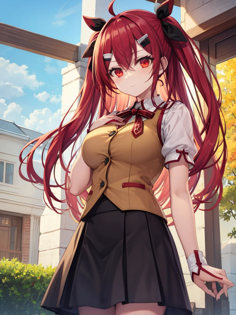 masterpiece, best quality, Itsuka Kotori, Red hair, Red eyes, large breasts, hair ornament, hairclip, hairpin green, Long and wavy hair, HomuraharaFemale, collared shirt, brown vest, long sleeves, black skirt, puffy short sleeves,
