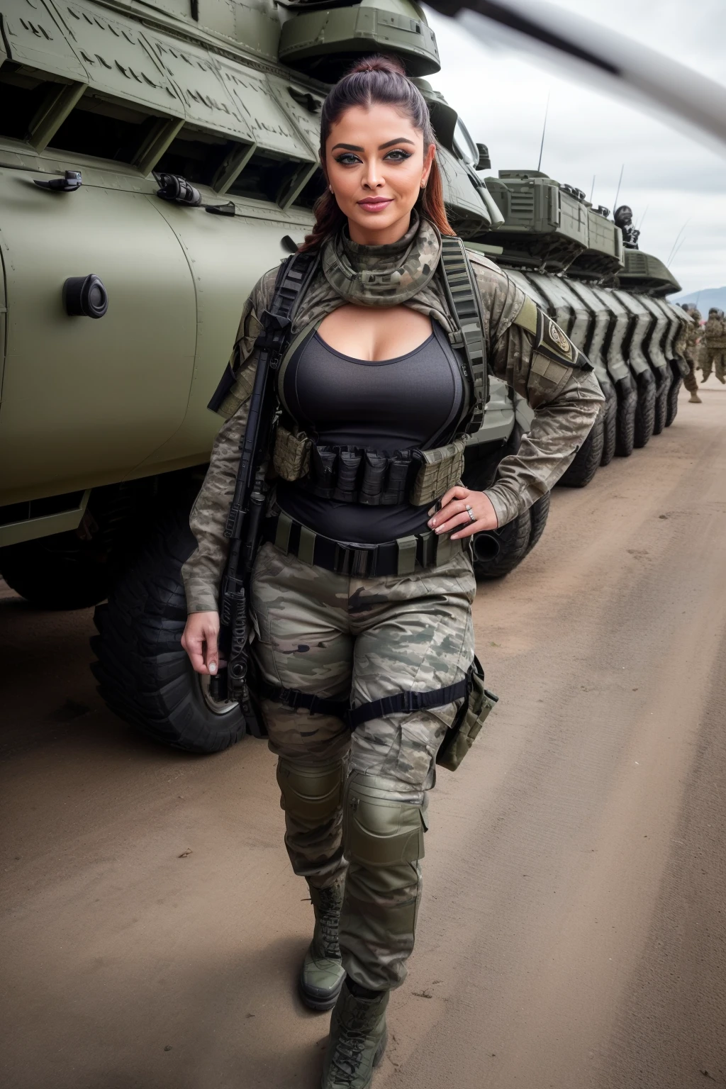 (best quality,8k,highres,masterpiece:1.2),Ultra-detail,realisti, photorealestic, naturally, 基于物理的渲染, colorful, Full body shot, redhead, Ganzkörperbild vorderransicht einer muscularen redheadn lady, 33 years alt, nice hair, wears a green beret, Army, Camouflage clothing, hautenge olivgrüne Camouflage clothing, black overknee boots, standing in front of a tank, female, 33 years, 200 cm large, large, powerful, sweaty, muscular, roundish, curvy, Oversize, Overweight, thick lips, Hourglass figure, huge breasts, sehr largee Brüste, massive wide hips, slender waist, Wespentaille, largeer Hintern wie ein Pferd, bubble butt, strong thighs, massive thigh, long legs, warm-hearted, roundish, curvy, Oversize, Overweight, thick lips, touches the breasts, smiling,