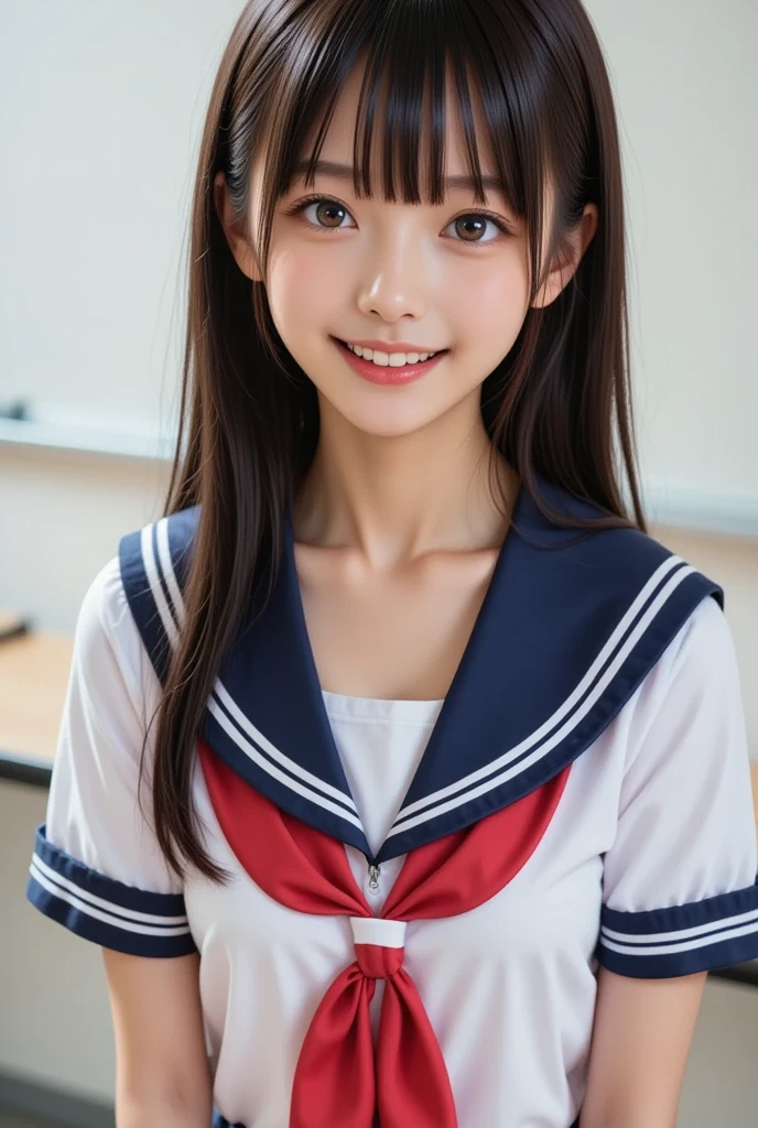   be careful :-2, ((Genuine World)), Genuineistic,  photorealistic realism, Portrait of a Japanese Woman , idol carving, World class idols, Cute Japanese woman'Face:1.21,  beautiful Japanese woman&#39;Face:1.21, (Genuineistic photos:1.4), ( Masterpiece 1 .4,  top quality:1.2,  super high resolution , 16k),  RAW photo,   intricate details , very detailed,, ( professional photo shoot:1.2), (Genuineism, Genuine, 3d model style, 3d),  Chill Out Mix , Human skin, There is only one Japanese woman,  High School Girl in Sailor Suit, 1, ( A beautiful girl that everyone will fall in love with),  in the classroom after school with a chara man, (((JK sitting in front))),  camera ,  beautiful big breasts , ((( The sailor suit has a wide opening at the chest ))), ((( Vagina))), ((((she&#39; I'm flipping my skirt myself being given an enema on all fours)))), ((((she lifts her navy blue skirt to show off her white panties)))), ((she is wearing white panties under her skirt), ((((Showing off her white panties&#39;Worn under a skirt)))), (((Beautiful pants with great attention to detail ))), ((((smile+ happy +:1.3)))), ((歯を見せてsmile)),  semi-long+ black hair+ straight hair ,  slender body,  perfect anatomy, Natural Shading, A perfect depiction of the human body, The whole body faces the camera, (((向かいの席からwhole bodyが全て入るように撮影))),  whole bodyショット , whole body, playful smile, mischievous smile