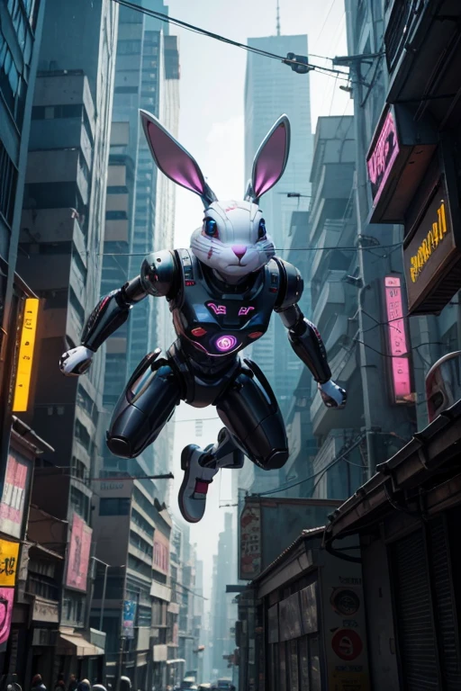 (wide wide shot)，(Best quality,A high resolution,Masterpiece:1.2),(Realistic,Photorealistic,photo-realistic:1.37),[(Futuristic cyborgs)+((massive wings))],(Rabbit ears)，((Mechanical joints and limbs)),(Footwear),Metallic。nigth,(Facing the lens，Central symmetry)，standing on your feet，No man's street。Vibrant colors,Light trails and neon lights in the background,Science fiction art style.