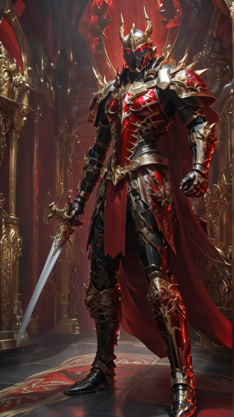  is possessed by a demon, a holy knight commander.A full-body image of an adult male . muscular body .Wear white gold holy knight armor. Eyes Deep Red . standing inside a mysterious black and red church.Bold composition 