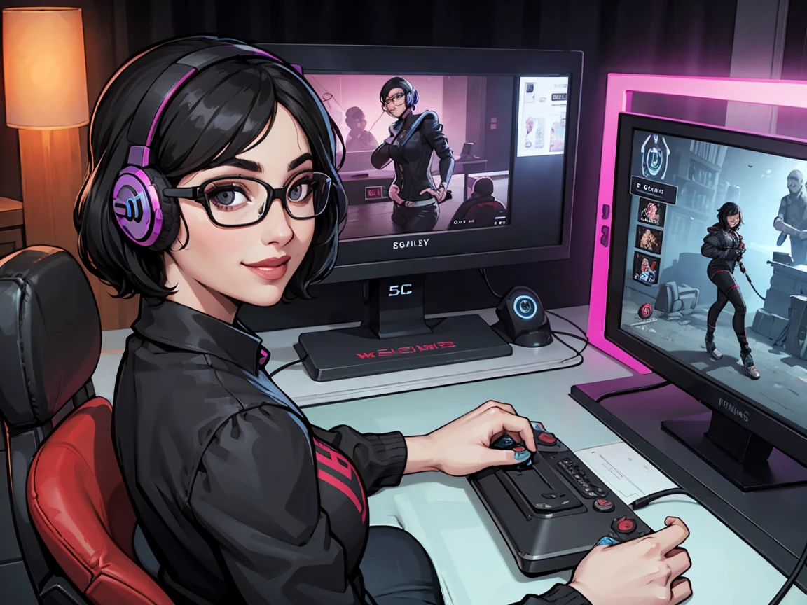 5０Generation of women　Black hair waves　 semi-short hair 　Glasses　 facing the front　Gaming Headsets　 big smile when looking back　 Game Controller 　PC room 　