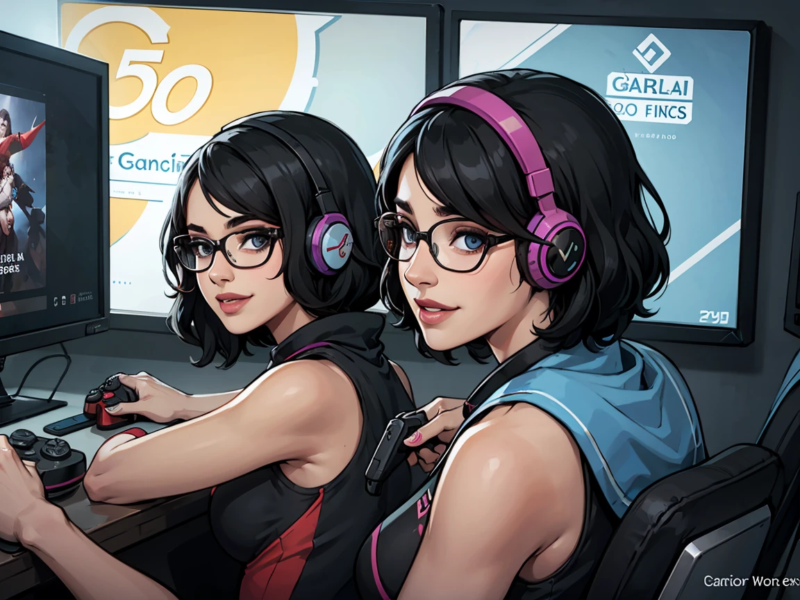 5０Generation of women　Black hair waves　 semi-short hair 　Glasses　 facing the front　Gaming Headsets　 big smile when looking back　 Game Controller 　PC room 　