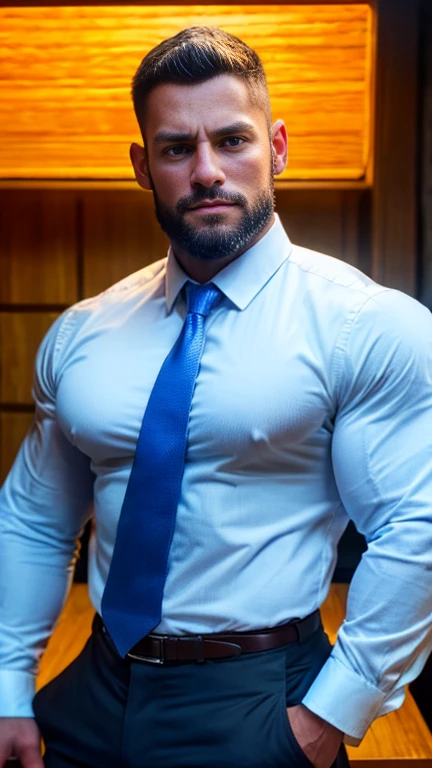 a very handsome man, white button-up shirt, blue tie, muscular, extremely muscular, in a wooden office, massively large biceps, best quality, 4k, 8k, highres, masterpiece:1.2, ultra-detailed, realistic, photorealistic, photo-realistic:1.37, HDR, UHD, studio lighting, ultra-fine painting, sharp focus, physically-based rendering, extreme detail description, professional, vivid colors, bokeh, portraits, dramatic lighting, chiaroscuro