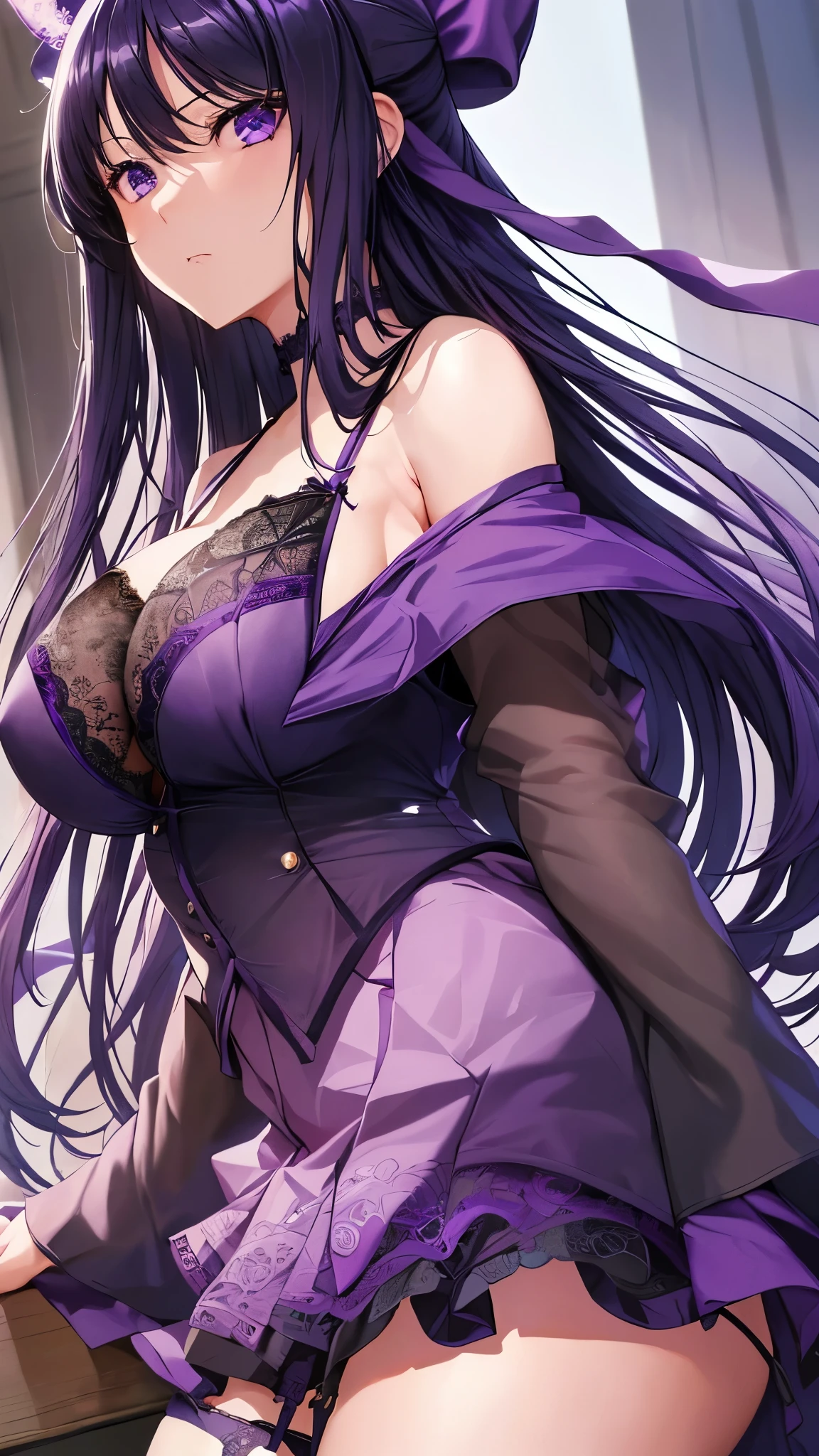 Akane Ryuzoji、 ( top quality) 、 ( top quality) 、( masterpiece )、(8k resolution),Beauty、(  mature )（  perfect style ）、(  very big breasts :1.3)、 Dark blue long hair、  purple ribbon 、 Angry face、（ Get closer ）、(  black and purple lace garter belt)、(black and purple lace bra  )、( purple pleated skirt) 、angle(( Front of body:1.5))