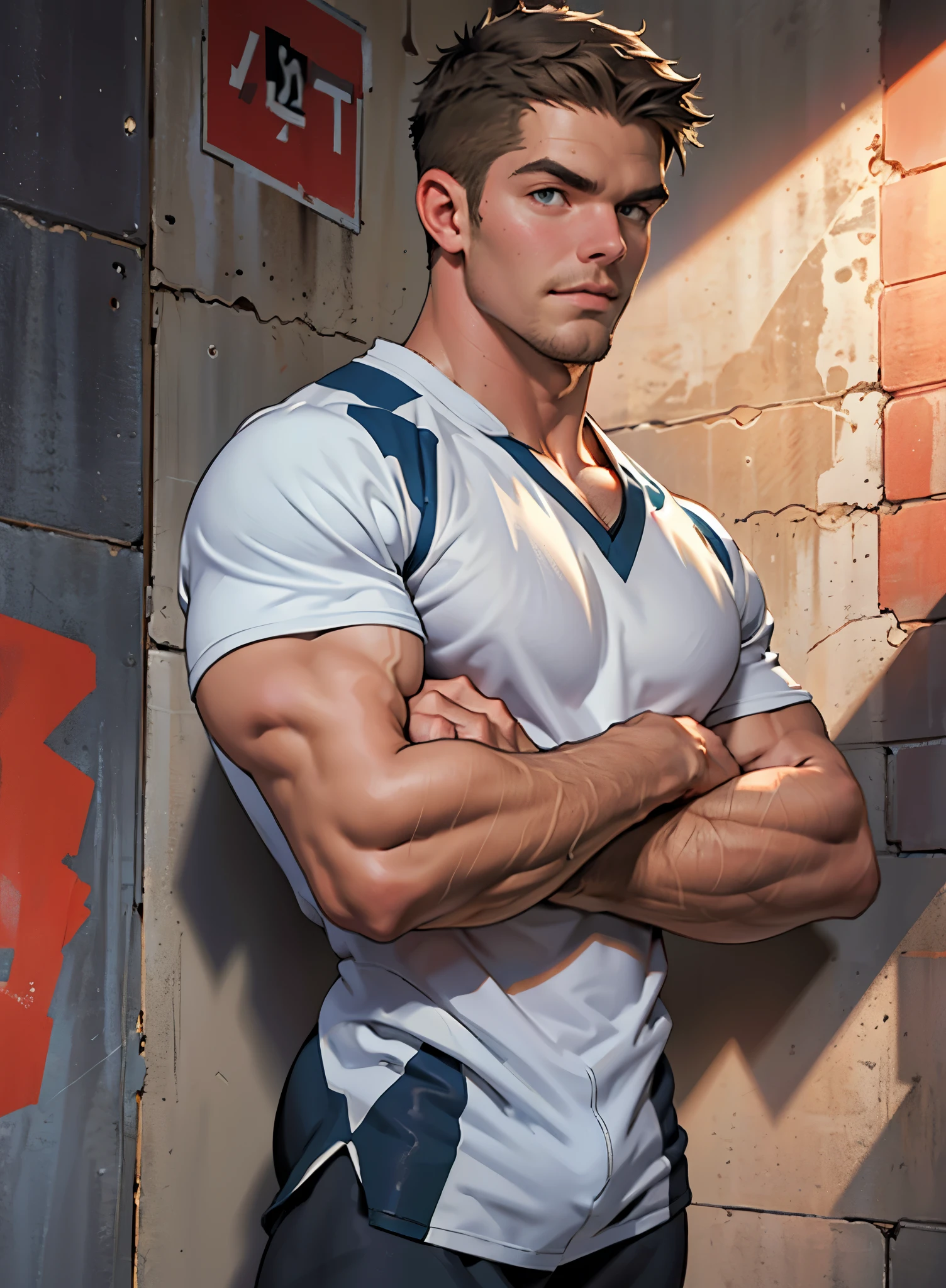 42k, high quality , detailed face , detailed hands , detailed muscles , stephen amell standing, posing in a gym hall  ,standing with spread legs, showing his muscles, background brick wall with men health posters