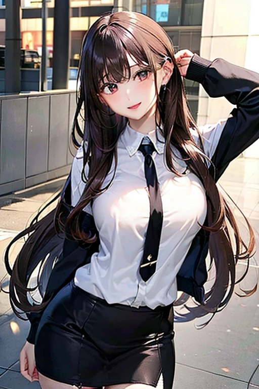 A woman in a white shirt and black pants is posing, Seductive Anime Girl, (SFW) safe for work, Realistic Schoolgirl, a hyperrealistic schoolgirl, a hyperrealistic schoolgirl, touching her clothes, Fine details. girls' frontline, Revealing clothes, Ecchi anime style, oppai, charming anime girls, wearing lab coat and a blouse, Ecchi