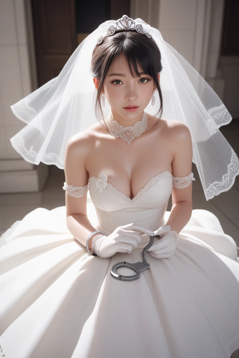 (Highly detailed CG unity 8k), (highest quality),(very detailed),(ultra high resolution), 1 female, white cloth gag, rope bondage, breasts rope bondage, hands back rope bondage, leg rope bondage, thigh rope bondage, bust rope bondage, feet rope bondage, Arms behind the waist, bound wrists, shackles the ankles, Legs together, Tie your ankles, Black Hair, , Gorgeous wedding dress in pure white, White wedding veil, Wedding Tiara, (white stockings:1.4), White garter belt, teary eyes, church, altar,