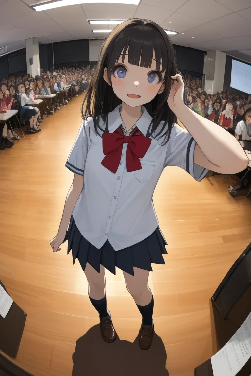  score_9、 score_8_up、 score_7_up、Please be naked，  Masterpiece， top quality，  high image quality，( super flat，  Flat Shading )，  fisheye lens， Fat young girl ， short， Women's College Uniform，There is a love letter to the audience