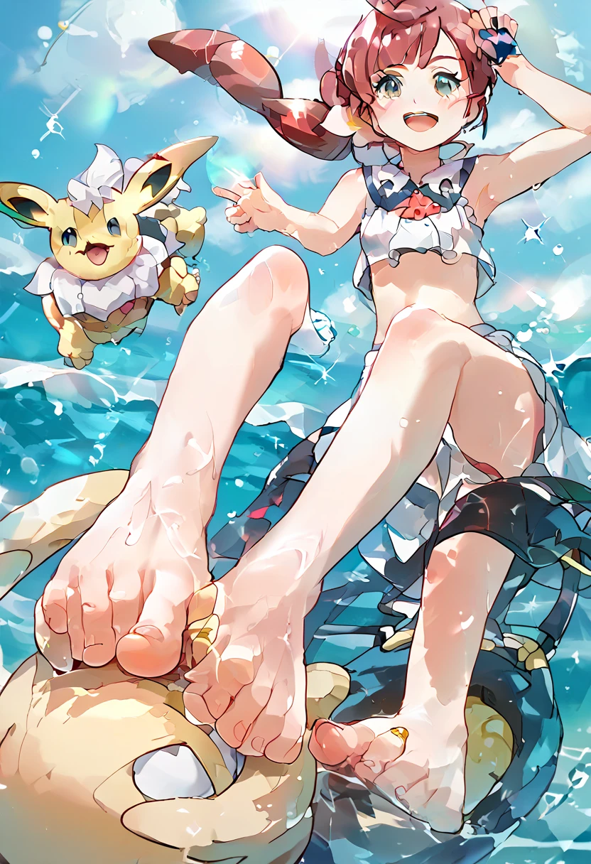 Chloe ceries (pokemon) , foot focus,2 sole,barefoot, masterpiece, Highest quality, Very detailed, high school girl、Diving