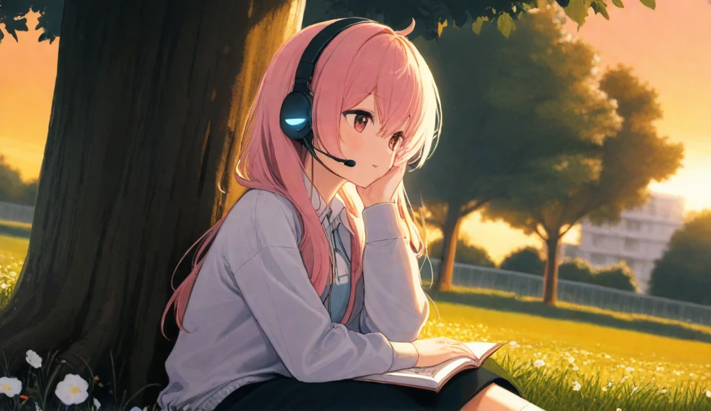 Create a boy sitting under a tree listening to music on the headset with a book in his hand at sunset