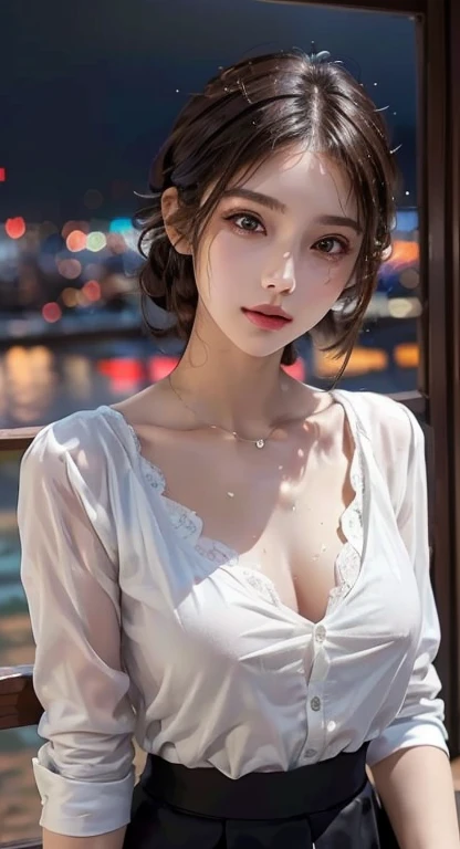 Fashion trendy beautiful and charming woman, gentle and charming Chinese beautiful woman, delicate and sexy collarbone, charming oval face, double eyelids, smart peach blossom eyes, pink lips, small nose, bare shoulders, focus on the face, close-up of the face, Ultra-high-definition, super-detailed, the white off-the-shoulder shirt perfectly echoes the light blue slit skirt, fresh and impressive