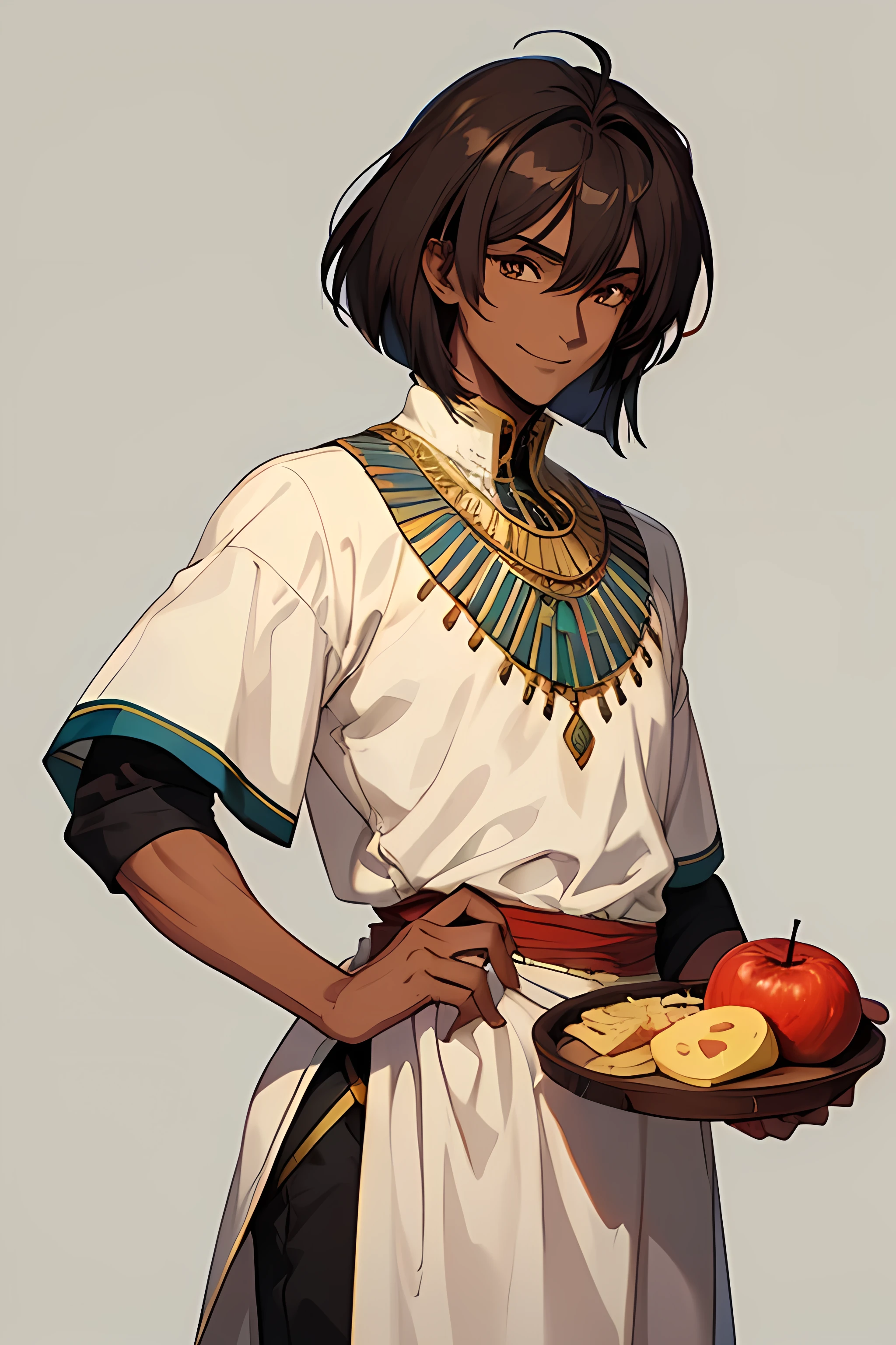 (Detailed anime art), (masterpiece), (digital anime art), tan Egyptian male servant, Ancient Egypt, calm smile, brown hair in a bob haircut, brown eyes, dark skin, plain servant clothing, fruit and cheese tray in hand, white linen tunic, Egyptian Palace background