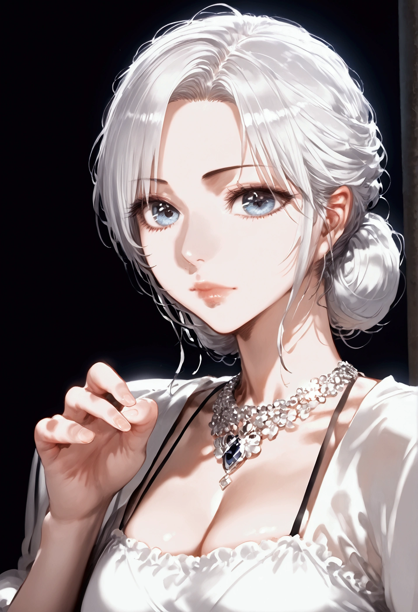 a beautiful black woman, detailed face, big black diamonds, white blouse with stop sign, Maria Chiquinha with white hair and black, cute pose, detailed skin, extremely detailed face, intricate jewelry, photorealistic, 8k, high quality, cinematic lighting, dramatic shadows, warm color palette, elegant, fashion portrait